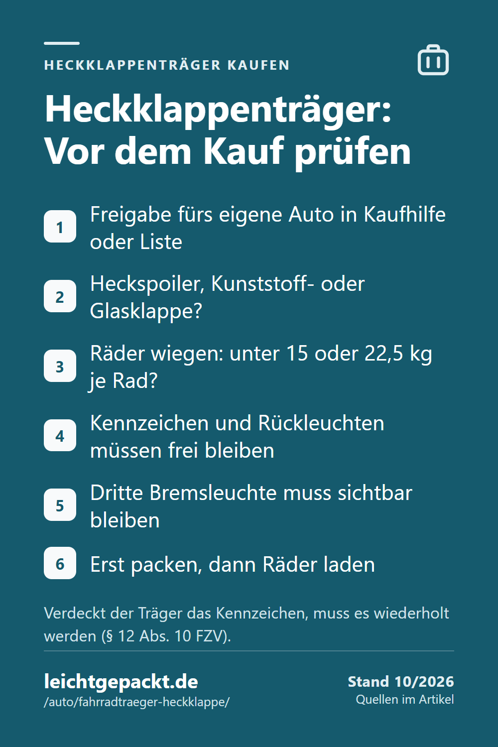 Pin: Checkliste Heckklappenträger – Freigabe prüfen, Heckspoiler, Radgewicht unter 15 oder 22,5 kg, Kennzeichen und Leuchten frei.