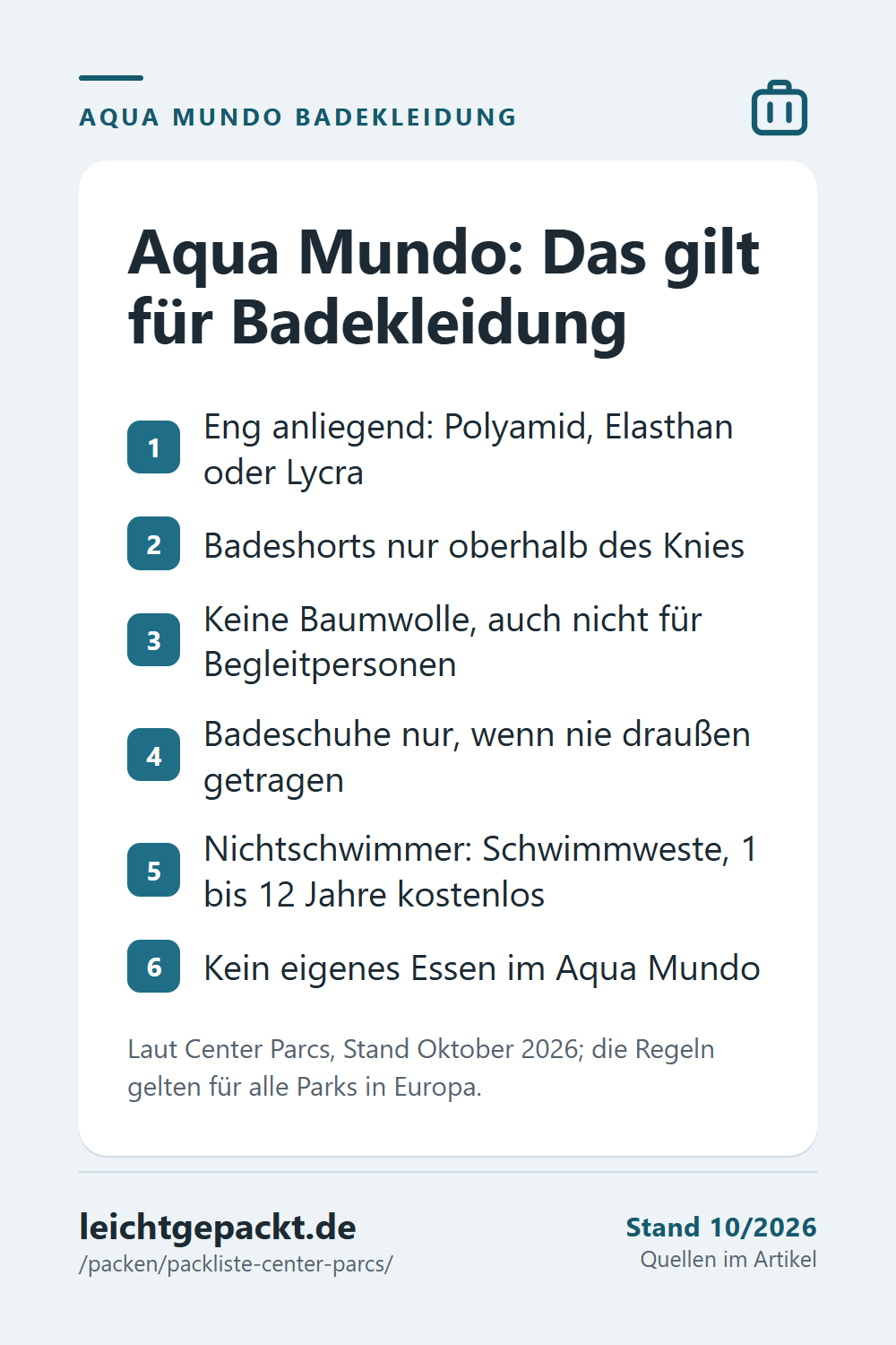 Pin: Liste Badekleidung im Aqua Mundo – eng anliegend, Badeshorts oberhalb des Knies, keine Baumwolle, Badeschuhe nur drinnen, Schwimmweste für Nichtschwimmer.